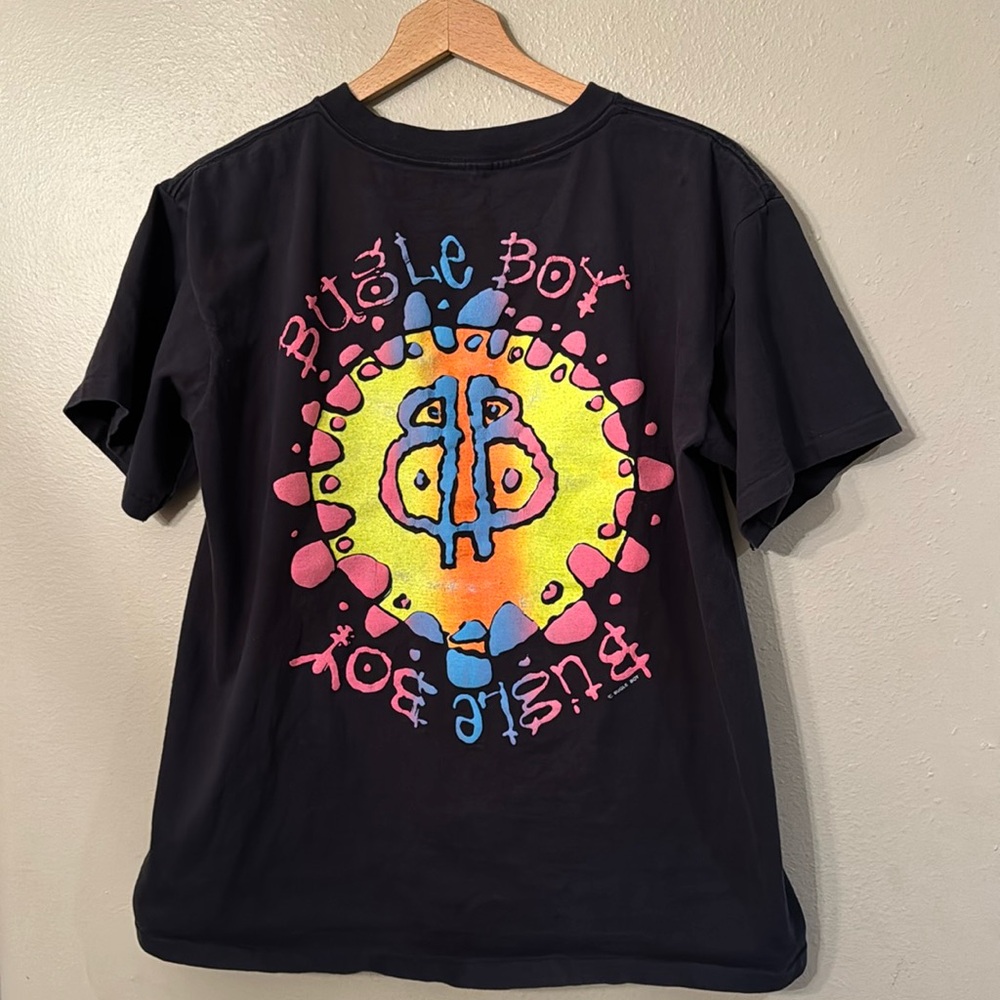 Vintage Bugle Boy Neon Graphic T-shirt Size Large Black Double Sided